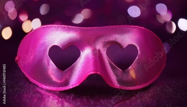 Fototapeta Purple mask with hearts on it on a table with bokeh lights