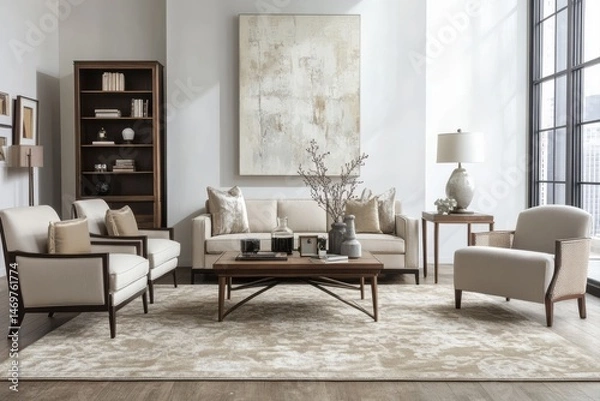 Fototapeta Modern beige living room with wooden furniture, a large abstract painting, and a light-filled space