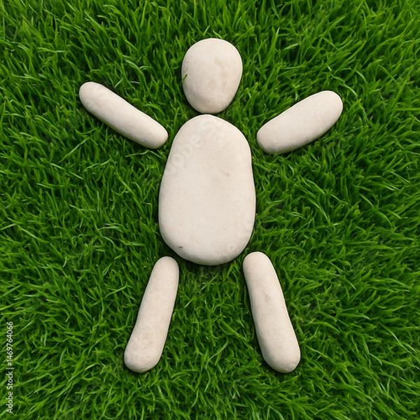 Fototapeta Human Shape Made of Pebbles on Grass – Natural Minimalism