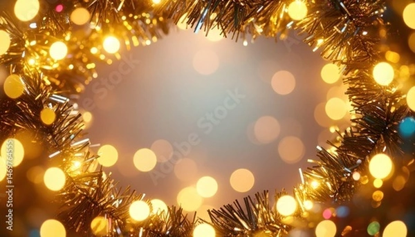 Fototapeta A close up of a christmas wreath with lights in the background holiday frame