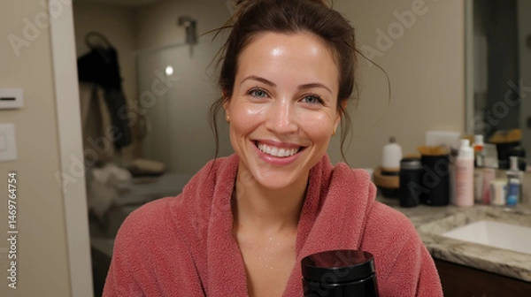 Fototapeta Woman Smiling in Bathroom created with Generative AI Technology, ai, generative