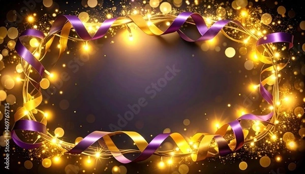 Fototapeta A close up of a purple ribbon and gold lights on a black background holiday frame