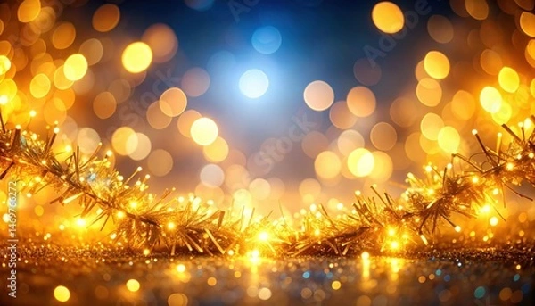 Fototapeta A close up of a christmas tree with lights in the background holiday frame