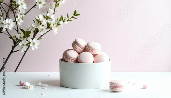 Fototapeta Macarons in a white bowl with flowers in the background
