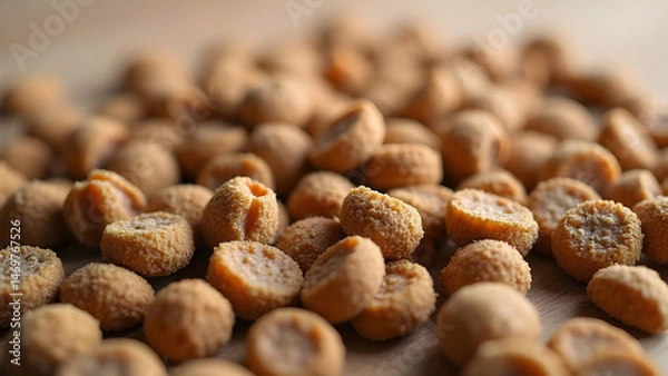 Obraz Senior Dried Dog Food Forming Gentle Background with Softer Kibble, Visible Joint Supplements and Brain-Supporting Nutrients