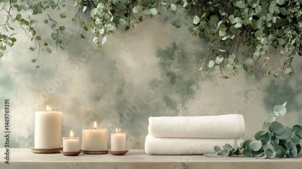 Fototapeta Tranquil Spa Setting with Candles and Towels Surrounded by Fresh Greenery for Relaxation and Comfort