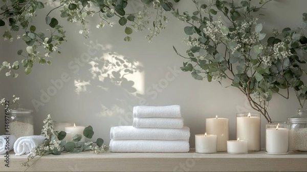 Fototapeta Serene Spa Arrangement with White Towels, Candles, and Greenery for Relaxation and Wellness Atmosphere