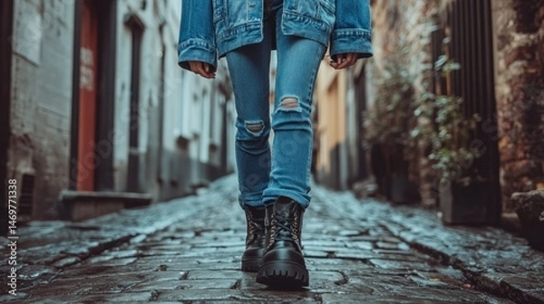 Fototapeta Urban Street Style with Denim Jacket and Black Boots Walking on Cobblestone Path in Historic Alley