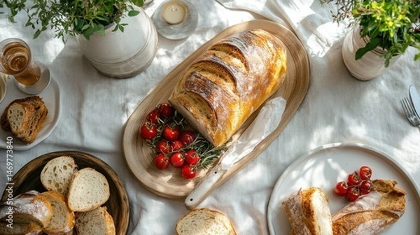 Fototapeta Freshly Baked Bread with Cherry Tomatoes and Greenery on Wooden Serving Platter in Cozy Dining Setting