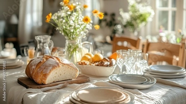 Fototapeta Freshly Baked Bread on Rustic Table with Flowers and Glassware in Bright Sunlight Setting