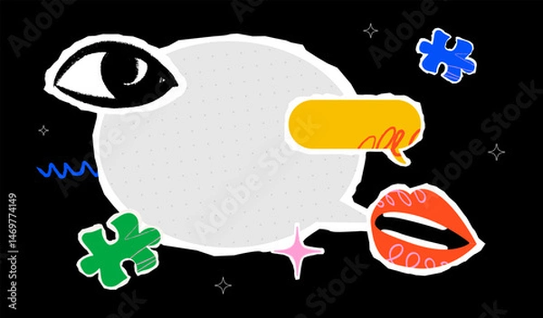 Fototapeta A bright collage with a speech bubble in the center surrounded by various eye shapes, lips, stars and puzzle pieces on a black background. A design template for communication, expression.