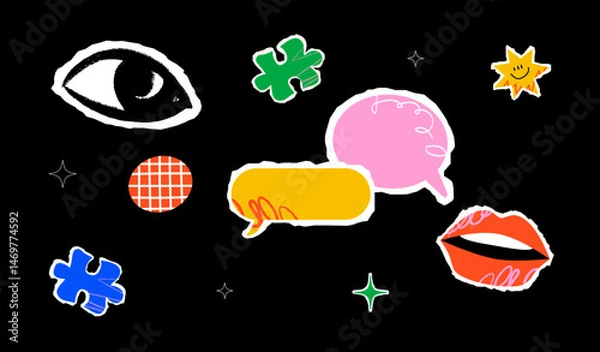 Fototapeta An unusual collage with an eye, speech bubbles, puzzle pieces, lips and stars. Stylized cut out composition for communication topics.