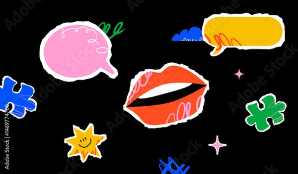 Fototapeta A vivid illustration with various colorful graphic elements scattered over a black background, including lips, speech bubbles, stars, and puzzle pieces.