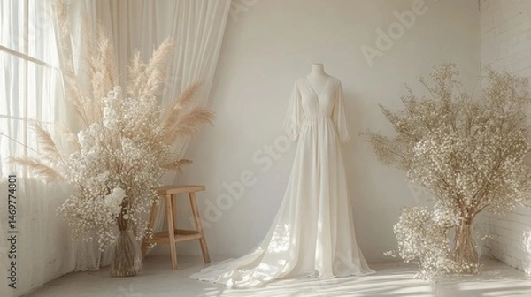 Fototapeta Elegant bridal gown display with soft light, floral arrangements and serene background in a stylish interior setting