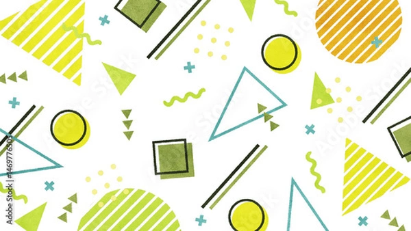 Fototapeta メンフィス風の図形や模様が並ぶレトロな平面構成 - イエロー/透過背景