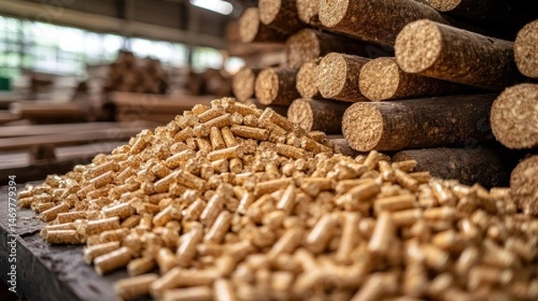 Fototapeta Wood pellets stacked on a wooden surface.  Logs in background