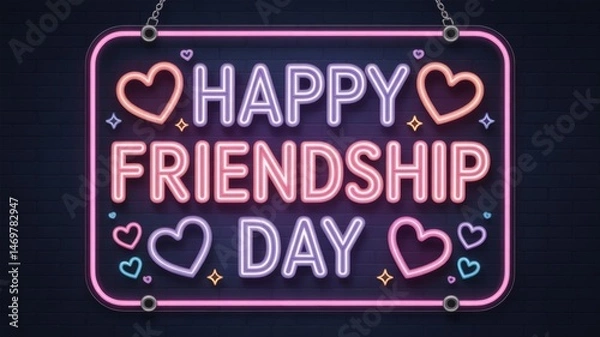 Fototapeta Neon-Lit 'Happy Friendship Day' Sign with Glowing Text and Heart Icons Generative AI