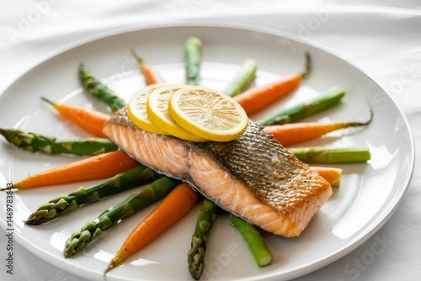 Fototapeta grilled salmon steak with vegetables