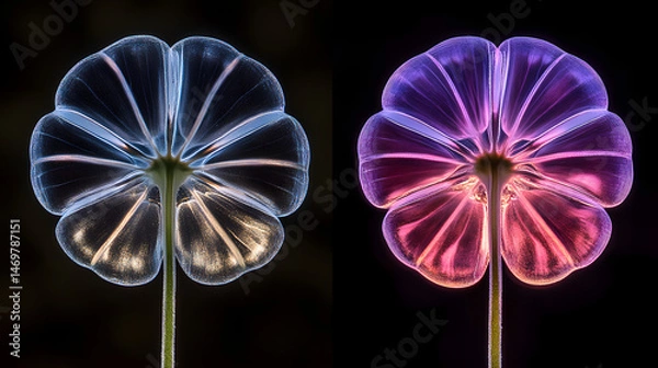 Fototapeta Illuminated Floral Beauty: A captivating artistic display showcases two luminous floral forms, one bathed in cool blue light, the other in vibrant violet hues, against a deep black background.
