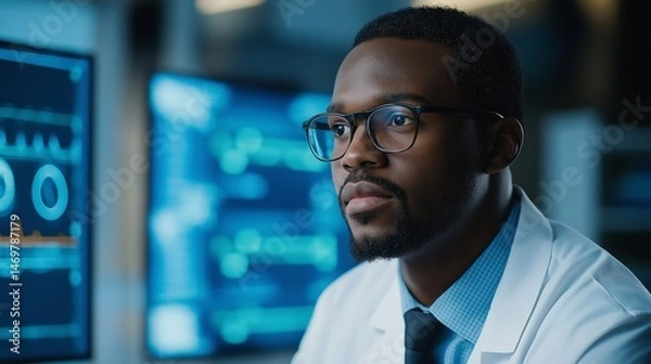 Fototapeta Healthcare Technology Scientist in Modern Lab with Smart Glasses Analyzing Data
