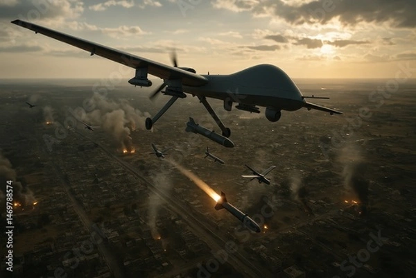Fototapeta Aerial drone launching missiles or deploying smaller drones from a high altitude