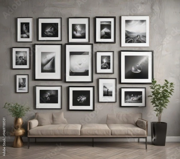 Obraz Sleek gallery wall, diverse frames, customizable art mockups, neutral, frame mockup