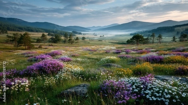 Fototapeta Colorful Meadow at Dawn with Wildflowers and Mountains in the Background