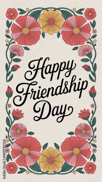 Fototapeta Happy Friendship Day Greeting with Elegant Cursive Typography and Vibrant Floral Frame Generative AI