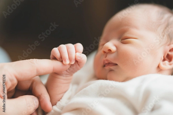 Obraz 신생아 아기 손 클로즈업. 엄마의 손을 잡고 있다