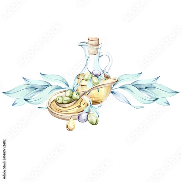 Fototapeta Delicate watercolor illustration of olives and olive oil celebrating elements of Italian cuisine and nature frame, border, arrangement