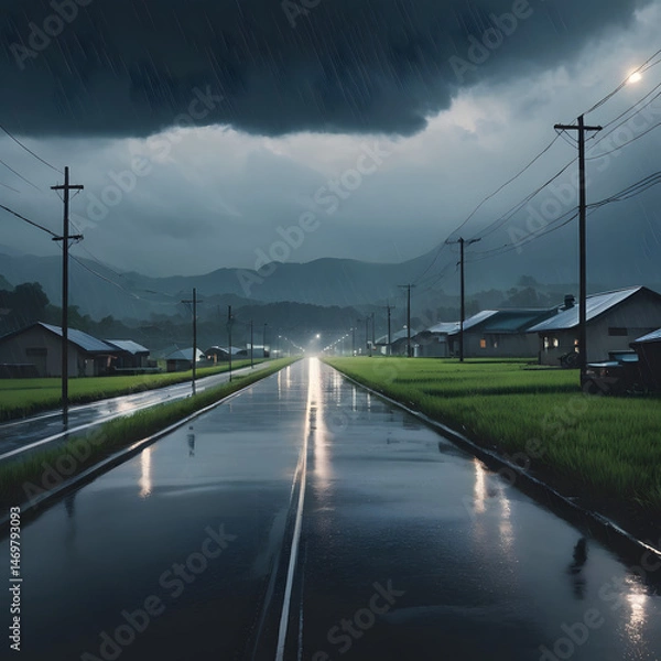 Fototapeta Rainy Night Scene Tranquil Village Road Under Stormy Sky Wet Asphalt Reflects Lights