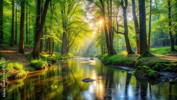 Fototapeta Serene Sunrise Illuminates a Tranquil Forest Stream, Bathing the Lush Green Canopy in Golden Light, Reflecting on the Still Waters