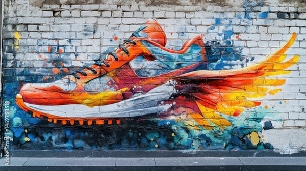 Fototapeta Vibrant Graffiti Art of a Colorful Running Shoe with Dynamic Motion Effects on a Brick Wall