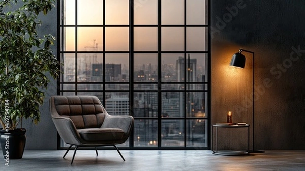 Fototapeta Urban loft interior design with a modern armchair.