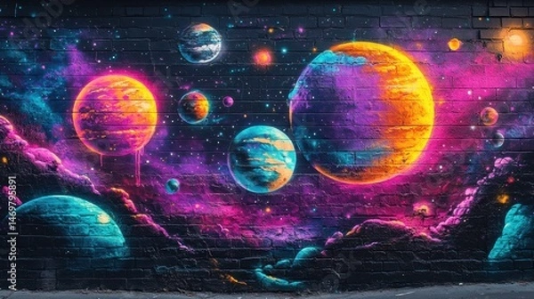 Fototapeta Vibrant Cosmic Mural Depicting Colorful Planets and Stars on Urban Wall Surface