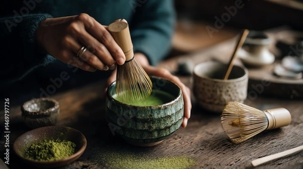 Obraz Preparing matcha with traditional tools.