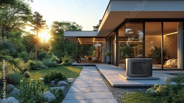 Obraz Modern luxury villa entrance with smooth stone path, sunlit patio hosting a sleek heat pump unit near floor to ceiling windows