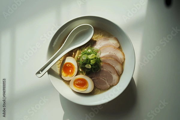 Fototapeta bowl of ramen with sliced pork, boiled egg, and green onions, white background