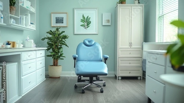 Obraz Serene medical exam room setup with pastel tones, a blue chair, storage cabinets, and plant bringing life to the space