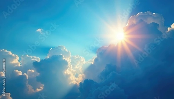 Obraz Blue sun rays filtering through clouds, creating a vibrant, ethereal scene , dawn, sun rays, cloud cover