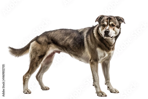 Fototapeta Majestic Mixed Breed Dog: A striking mixed-breed dog, displaying a blend of muscular build and alert posture, stands majestically against a plain backdrop.