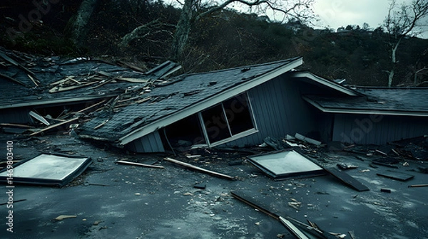 Fototapeta House destroyed by flood disaster: A house is submerged in floodwaters, its roof partially collapsed and surrounded by debris, highlighting the devastating aftermath of a natural disaster.