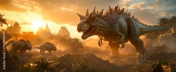 Obraz Prehistoric scene with giant dinosaurs at sunset