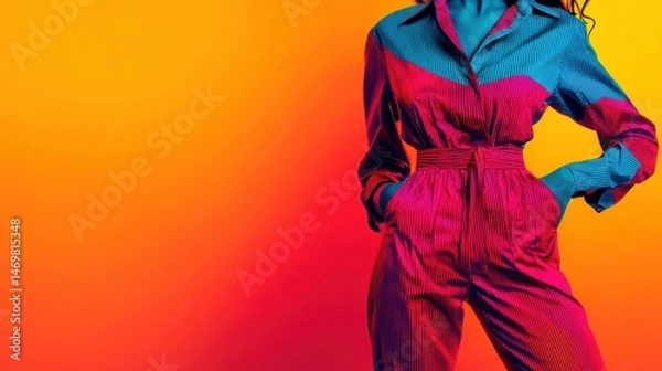 Fototapeta Vibrant Portrait of Model in Colorful Fashion Against Bright Gradient Background