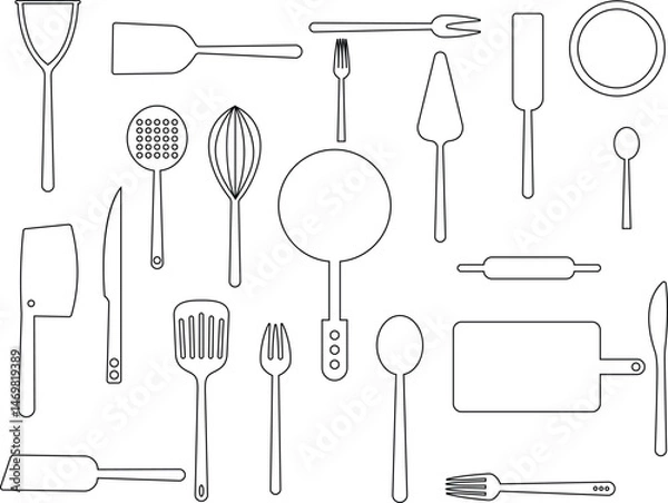 Fototapeta kitchen tools icon set. Kitchenware collection line vector isolated transparent . Lots of kitchen tools utensils cutlery. Web page design template Poster banner web UI mobile phone apps.