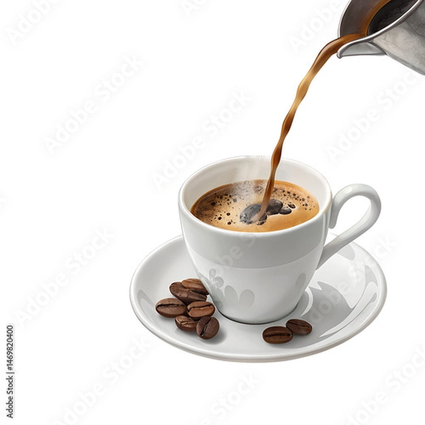 Obraz A hot, brown cup of coffee with beans offers a fresh caffeine drink, perhaps espresso or cappuccino, for a morning break