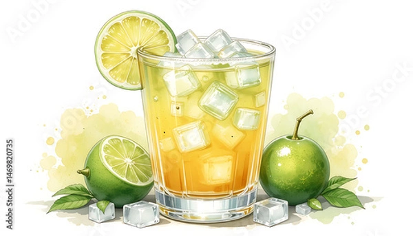 Fototapeta Watercolor Illustration Of Refreshing Lime Drink With Ice Cubes