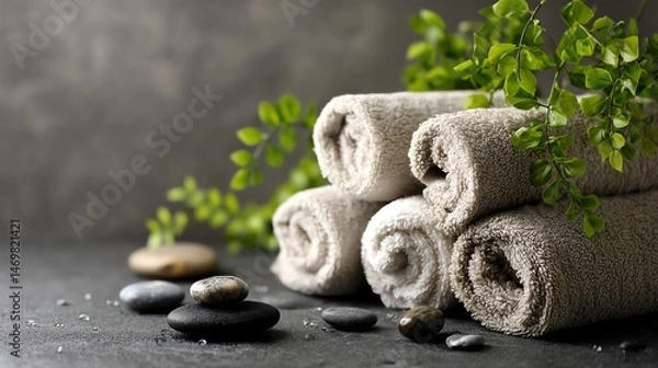 Fototapeta Soft towels arranged with soothing elements.