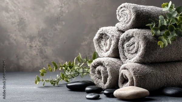 Fototapeta Soft towels stacked with stones and greenery.