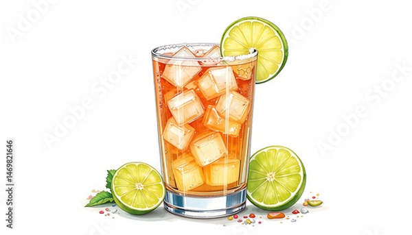 Fototapeta Watercolor Illustration Of Refreshing Lime Iced Tea Drink